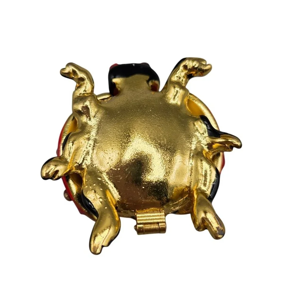Ladybug Trinket Box Red Enamel Clear Rhinestone Accents Hinged Magnetic Closure